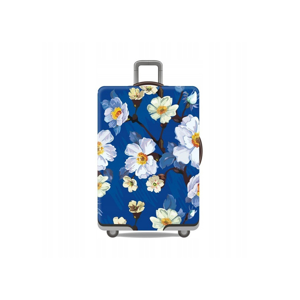 Ochronny pokrowiec na walizkę w białe kwiaty dostępny w trzech rozmiarach.