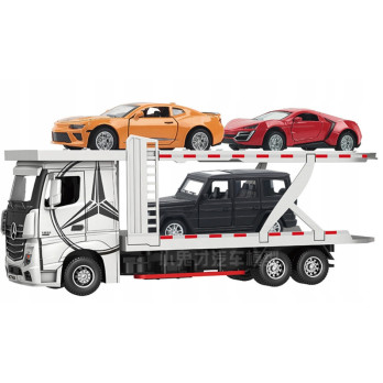 AUTO MODEL MERCEDES-BENZ ACTROS TIR LAWETA 3 AUTKA ZESTAW TRANSPORTER BIAŁY