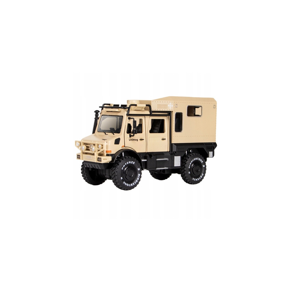 MODEL SAMOCHODU 1:28 MERCEDES-BENZ UNIMOG KAMPER TERENOWY BEŻOWY PREZENT