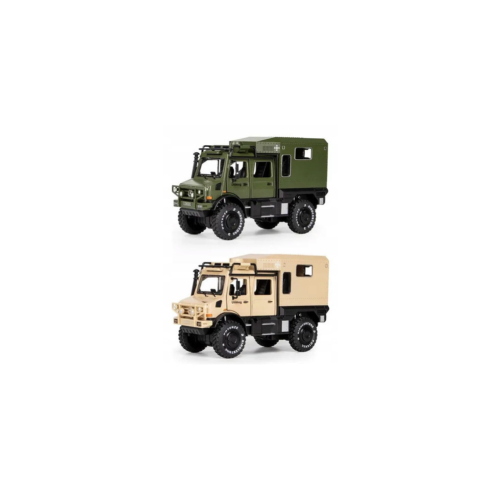 MODEL SAMOCHODU 1:28 MERCEDES-BENZ UNIMOG KAMPER TERENOWY BEŻOWY PREZENT
