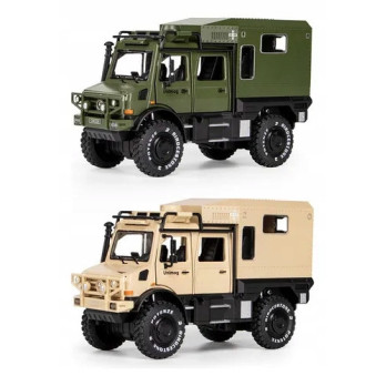 MODEL SAMOCHODU 1:28 MERCEDES-BENZ UNIMOG KAMPER TERENOWY BEŻOWY PREZENT