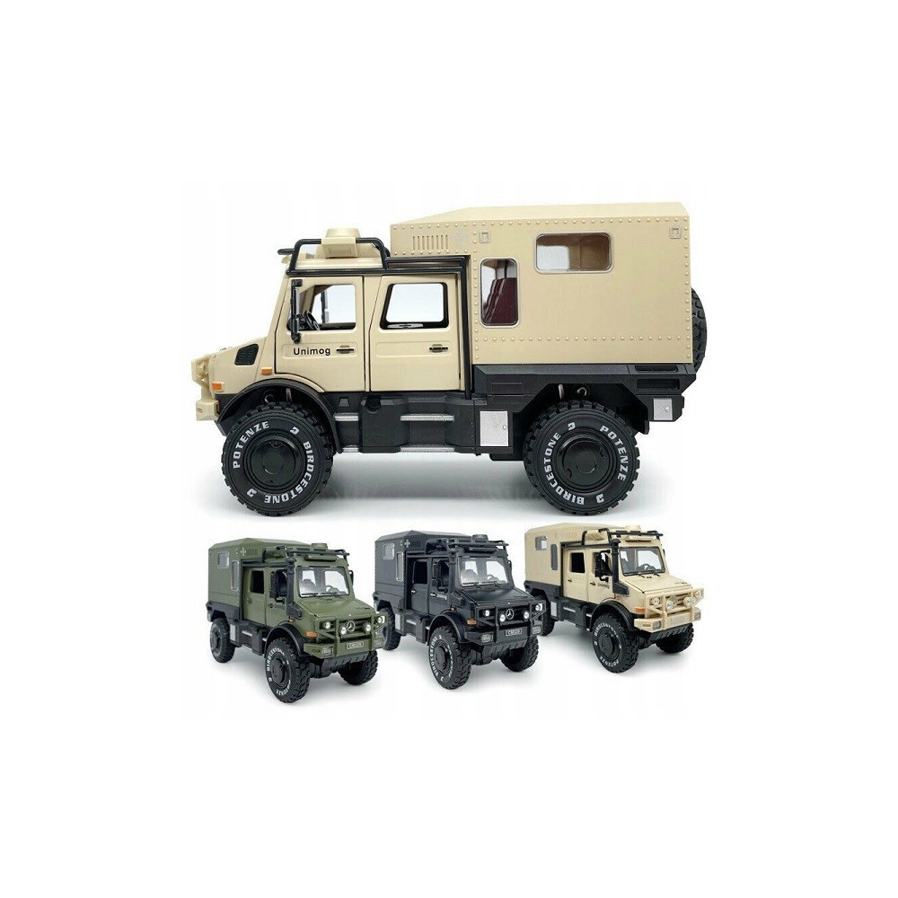 MODEL SAMOCHODU 1:28 MERCEDES-BENZ UNIMOG KAMPER TERENOWY BEŻOWY PREZENT