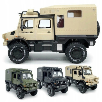 MODEL SAMOCHODU 1:28 MERCEDES-BENZ UNIMOG KAMPER TERENOWY BEŻOWY PREZENT