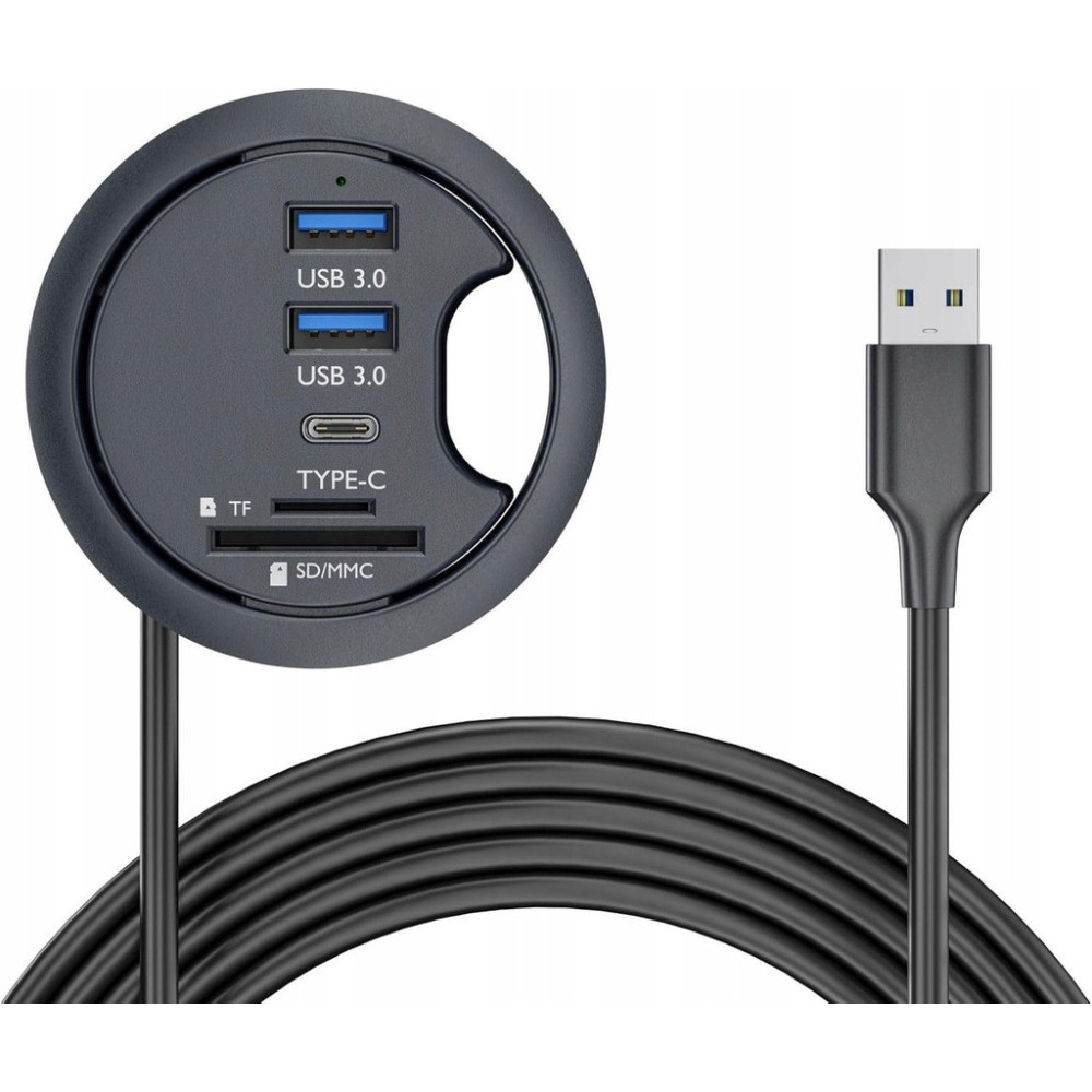 HUB USB 3.0 DO BIURKA 60MM 3X USB CZYTNIK KART SD TF CZARNY