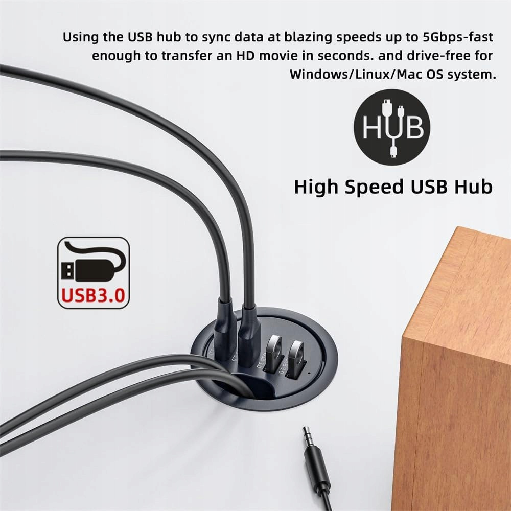 HUB USB 3.0 DO BIURKA 60MM 3X USB CZYTNIK KART SD TF CZARNY