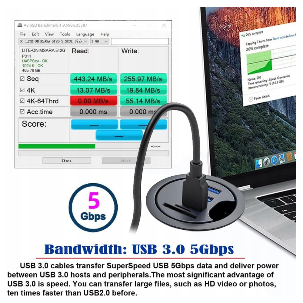HUB USB 3.0 DO BIURKA 60MM 3X USB CZYTNIK KART SD TF CZARNY