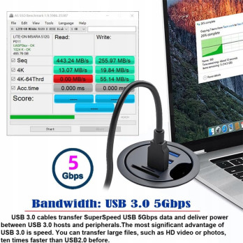 HUB USB 3.0 DO BIURKA 60MM 3X USB CZYTNIK KART SD TF CZARNY
