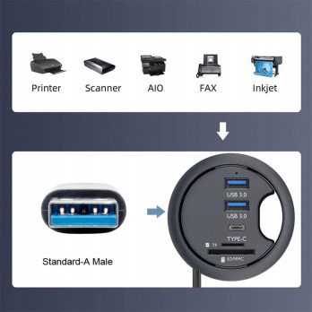 HUB USB 3.0 DO BIURKA 60MM 3X USB CZYTNIK KART SD TF CZARNY
