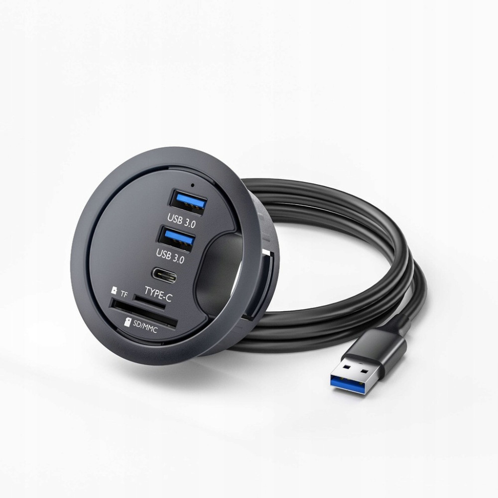 HUB USB 3.0 DO BIURKA 60MM 3X USB CZYTNIK KART SD TF CZARNY