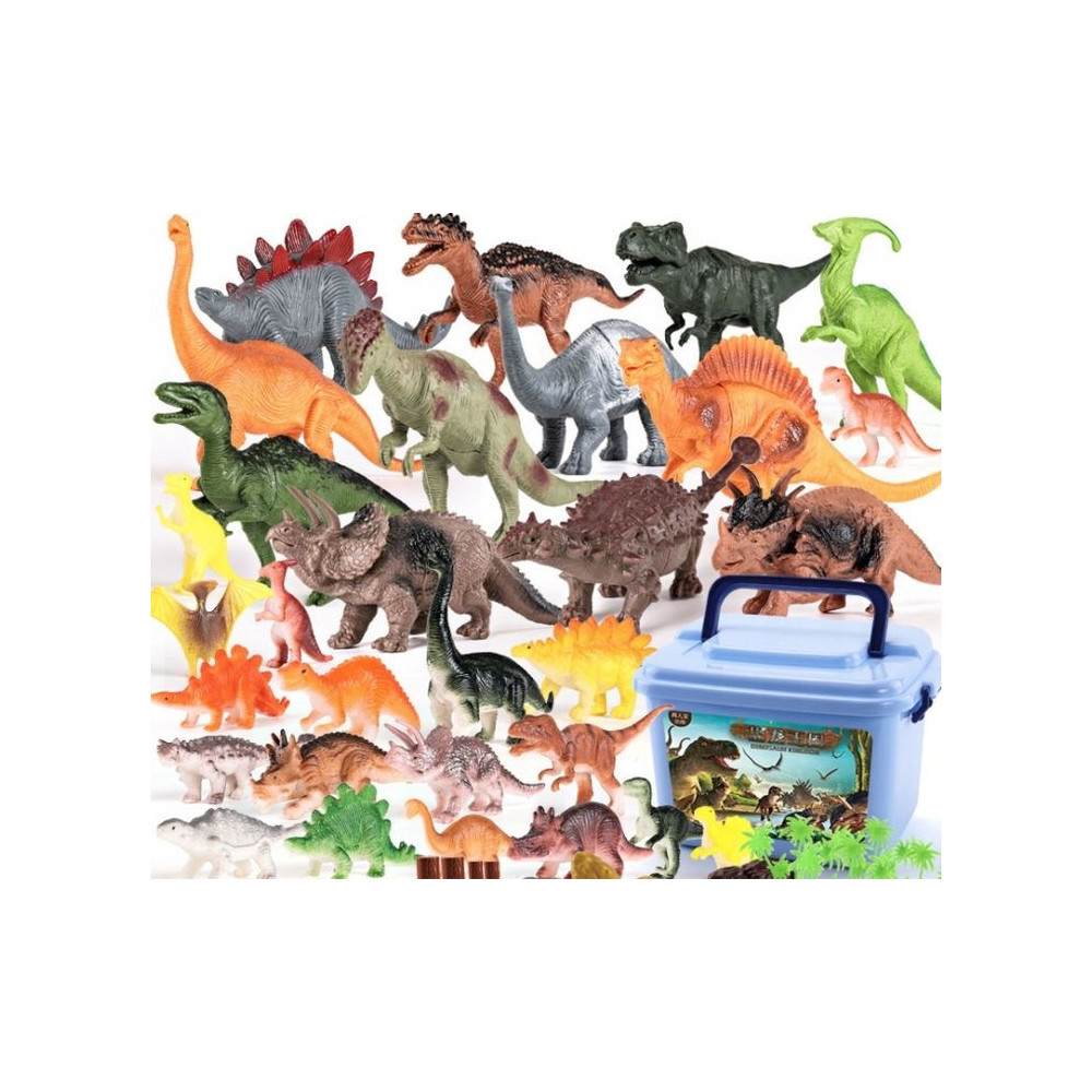 DUŻY ZESTAW FIGUREK Z DINOZAURAMI W PUDEŁKU 44 ELEMENTY T-REX TYRANOZAUR