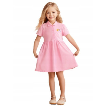 BAWEŁNIANA SUKIENKA DZIECIĘCA POLO RÓŻOWA PINK NADRUK TĘCZA 128/134