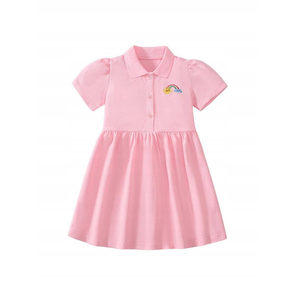 BAWEŁNIANA SUKIENKA DZIECIĘCA POLO RÓŻOWA PINK NADRUK TĘCZA 128/134