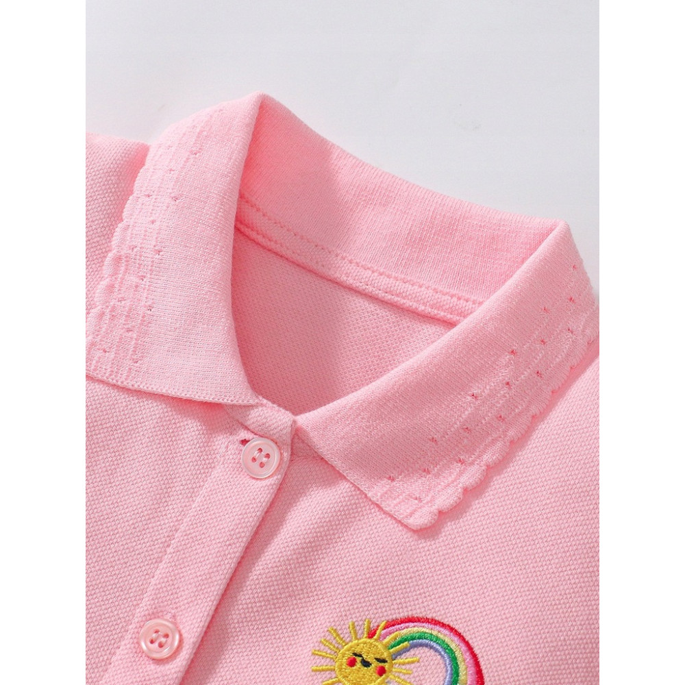BAWEŁNIANA SUKIENKA DZIECIĘCA POLO RÓŻOWA PINK NADRUK TĘCZA 128/134
