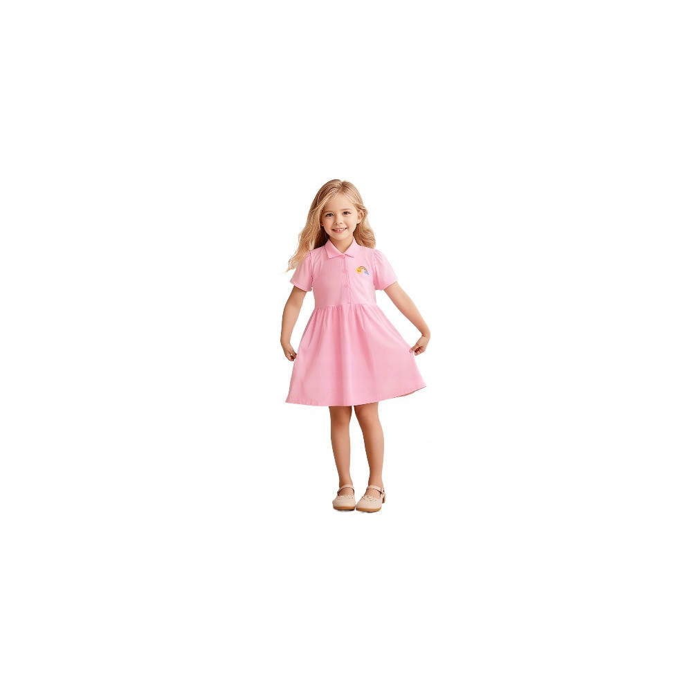 BAWEŁNIANA SUKIENKA DZIECIĘCA POLO RÓŻOWA PINK NADRUK TĘCZA 116/122