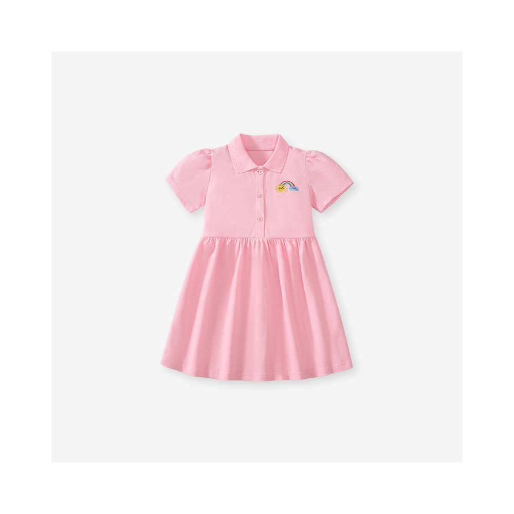 BAWEŁNIANA SUKIENKA DZIECIĘCA POLO RÓŻOWA PINK NADRUK TĘCZA 116/122