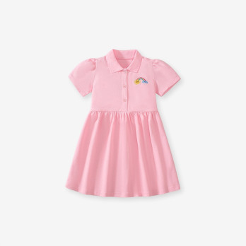 BAWEŁNIANA SUKIENKA DZIECIĘCA POLO RÓŻOWA PINK NADRUK TĘCZA 116/122