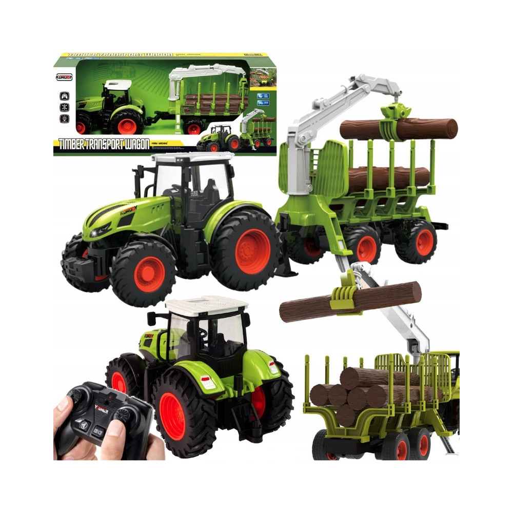 TRAKTOR ZDALNIE STEROWANY Z PRZYCZEPĄ Z DREWNEM BALE GUMOWE KOŁA ZABAWKA RC