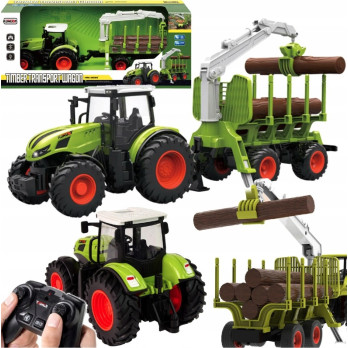TRAKTOR ZDALNIE STEROWANY Z PRZYCZEPĄ Z DREWNEM BALE GUMOWE KOŁA ZABAWKA RC