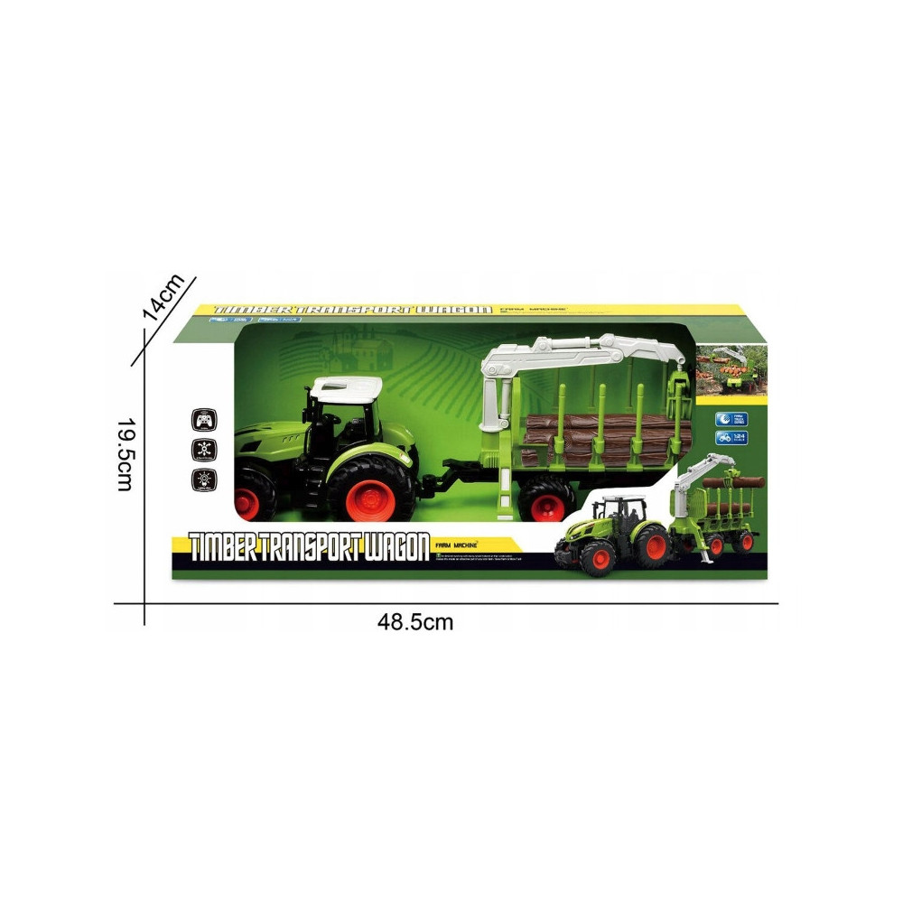 TRAKTOR ZDALNIE STEROWANY Z PRZYCZEPĄ Z DREWNEM BALE GUMOWE KOŁA ZABAWKA RC