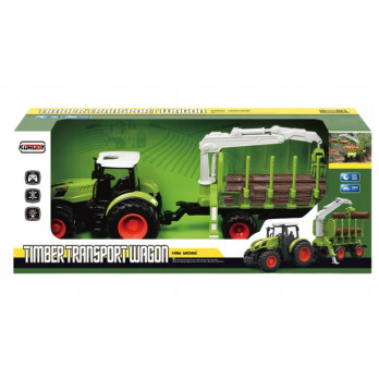 TRAKTOR ZDALNIE STEROWANY Z PRZYCZEPĄ Z DREWNEM BALE GUMOWE KOŁA ZABAWKA RC