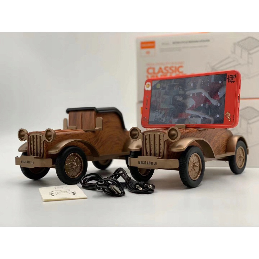 DREWNIANY GŁOŚNIK BLUETOOTH VINTAGE STOJAK NA TELEFON MINI STEREO PREZENT