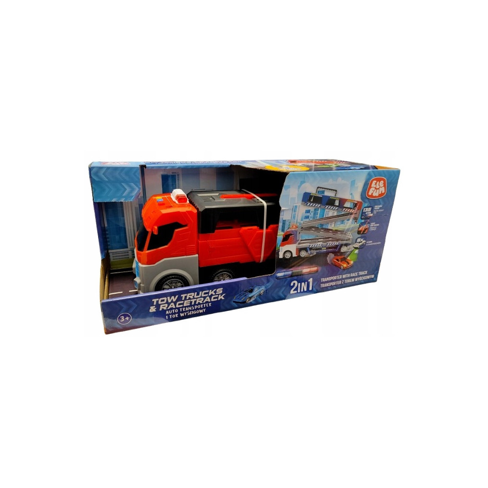 ELEFUN 2w1 Auto transporter i tor wyścigowy + 8 autek 135 cm czerwony 822