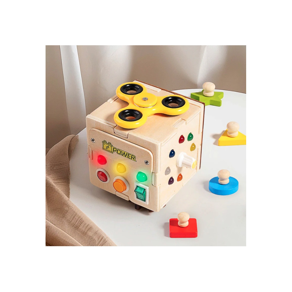 DREWNIANA KOSTKA SENSORYCZNA LED MONTESSORI Z WŁĄCZNIKAMI ŚWIATŁO PREZENT