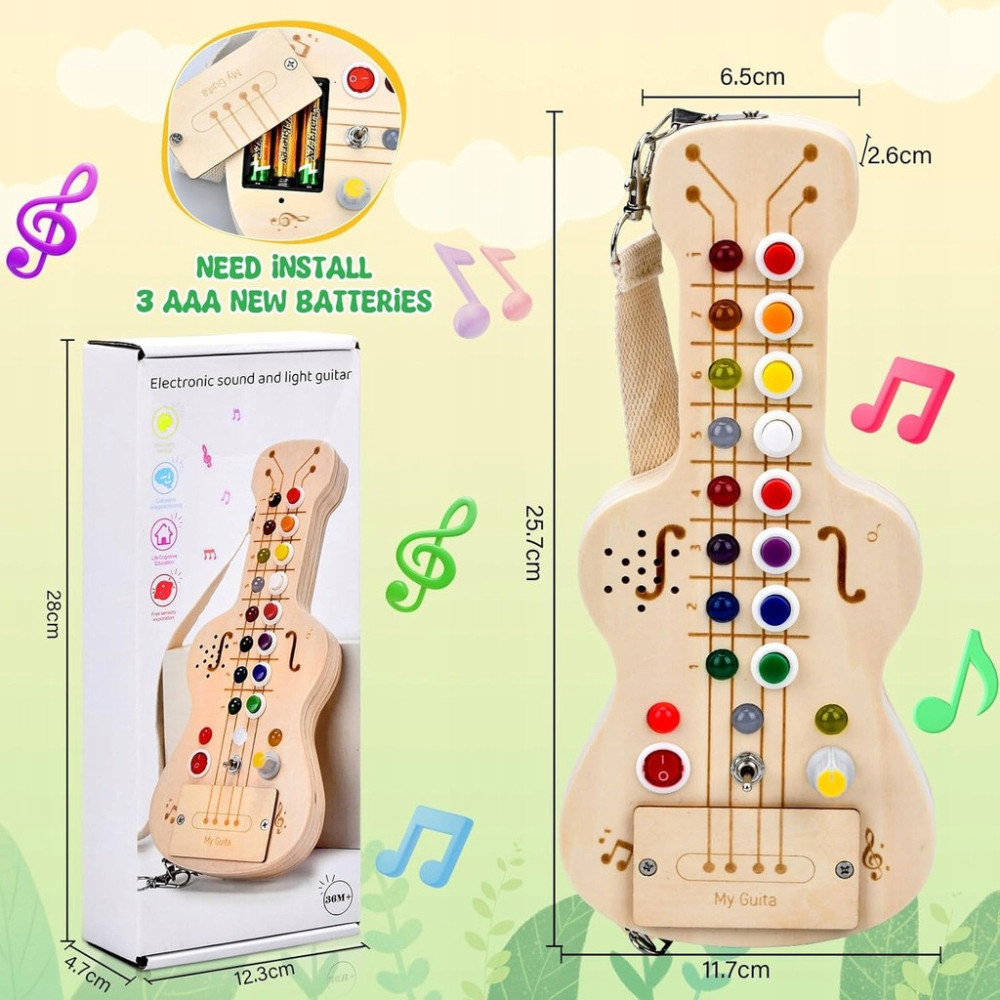 DREWNIANA GITARA SENSORYCZNA LED MONTESSORI Z WŁĄCZNIKAMI ŚWIATŁO ZABAWA
