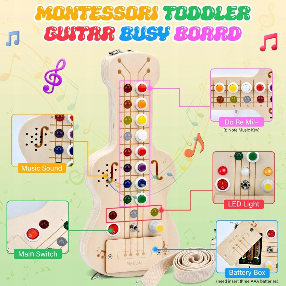 DREWNIANA GITARA SENSORYCZNA LED MONTESSORI Z WŁĄCZNIKAMI ŚWIATŁO ZABAWA