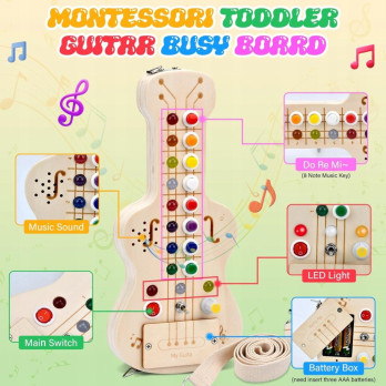 DREWNIANA GITARA SENSORYCZNA LED MONTESSORI Z WŁĄCZNIKAMI ŚWIATŁO ZABAWA