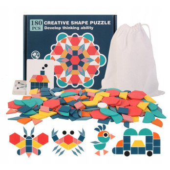 DREWNIANE PUZZLE DO UKŁADANIA KLOCKI TANGRAM ZESTAW MONTESSORI WORECZEK