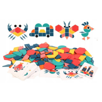 DREWNIANE PUZZLE DO UKŁADANIA KLOCKI TANGRAM ZESTAW MONTESSORI WORECZEK