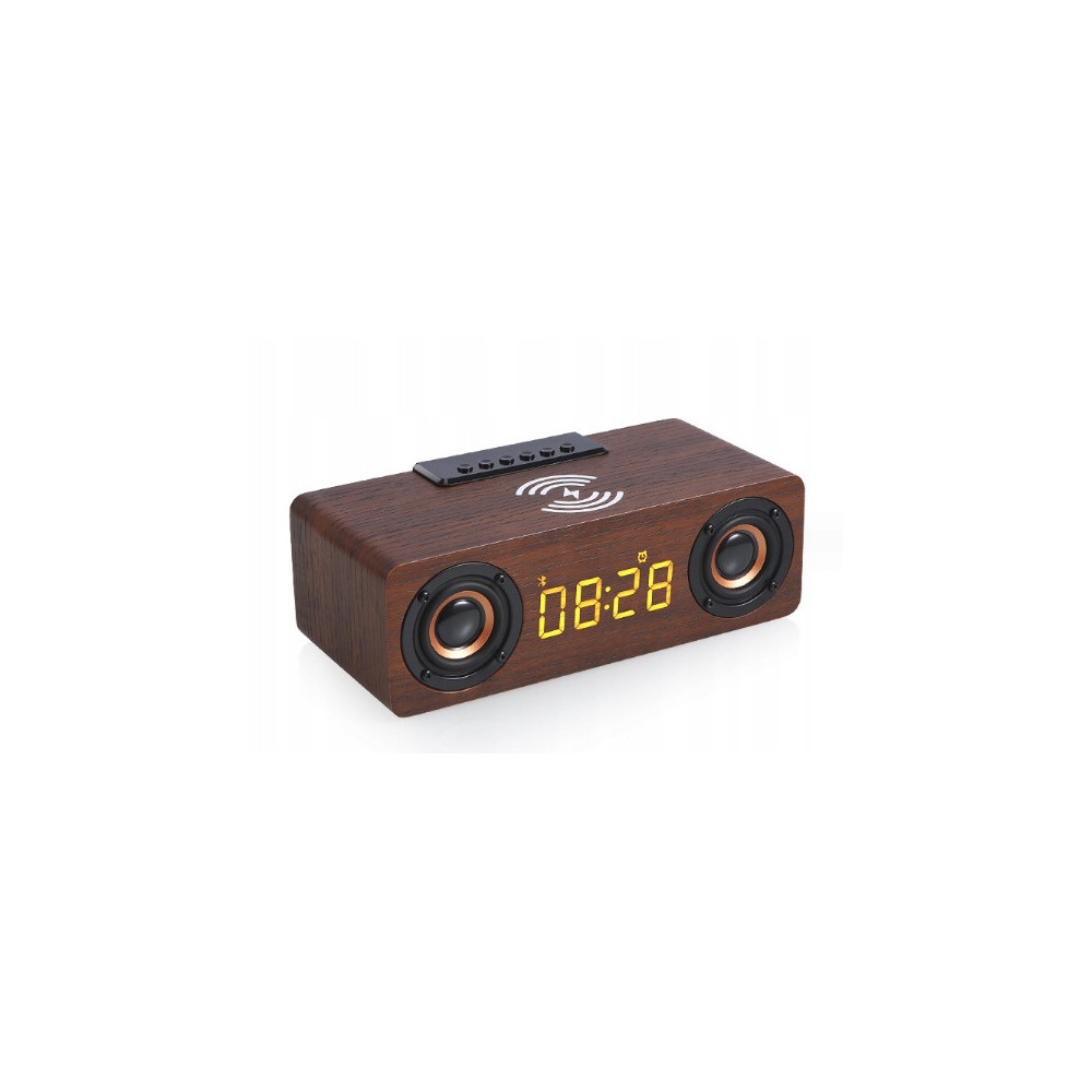 BLUETOOTH GŁOŚNIK ZEGAR DREWNIANY BUDZIK ŁADOWARKA BEZPRZEWODOWA QI RADIO