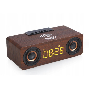 BLUETOOTH GŁOŚNIK ZEGAR DREWNIANY BUDZIK ŁADOWARKA BEZPRZEWODOWA QI RADIO
