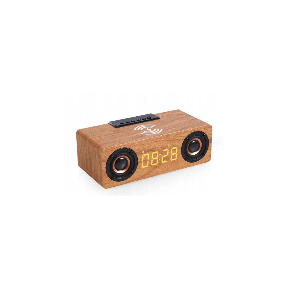 BLUETOOTH GŁOŚNIK ZEGAR DREWNIANY BUDZIK ŁADOWARKA BEZPRZEWODOWA QI RADIO