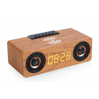 BLUETOOTH GŁOŚNIK ZEGAR DREWNIANY BUDZIK ŁADOWARKA BEZPRZEWODOWA QI RADIO