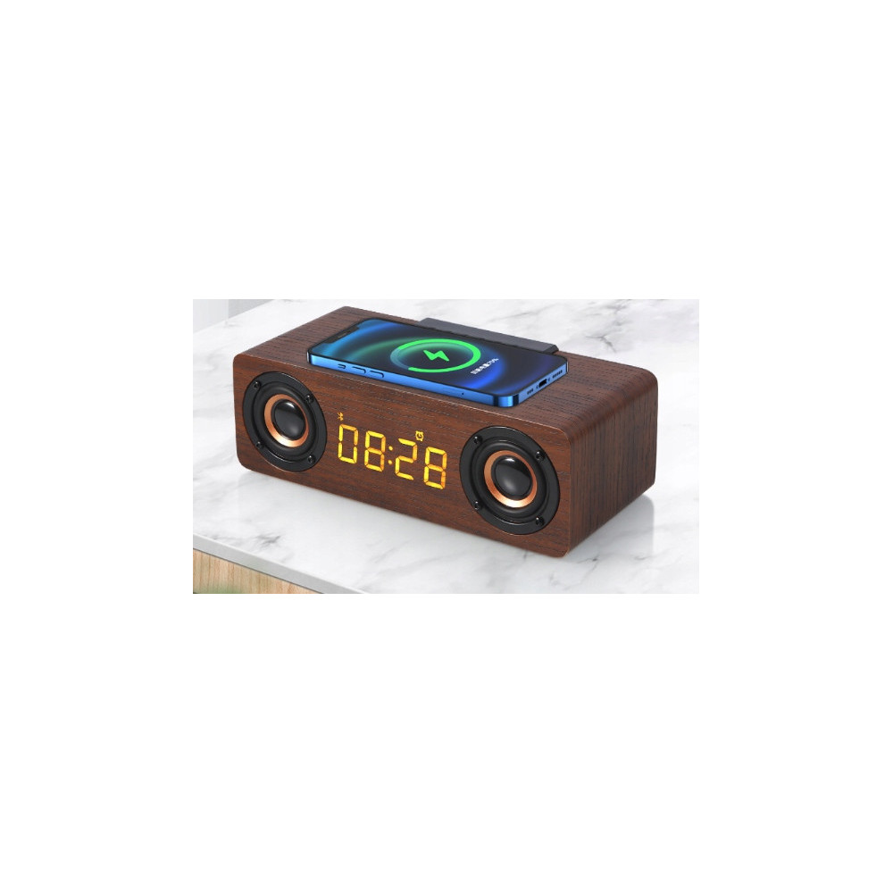 BLUETOOTH GŁOŚNIK ZEGAR DREWNIANY BUDZIK ŁADOWARKA BEZPRZEWODOWA QI RADIO