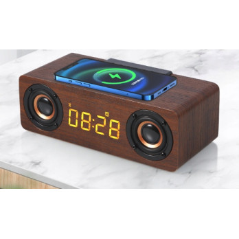 BLUETOOTH GŁOŚNIK ZEGAR DREWNIANY BUDZIK ŁADOWARKA BEZPRZEWODOWA QI RADIO