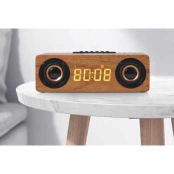 BLUETOOTH GŁOŚNIK ZEGAR DREWNIANY BUDZIK ŁADOWARKA BEZPRZEWODOWA QI RADIO