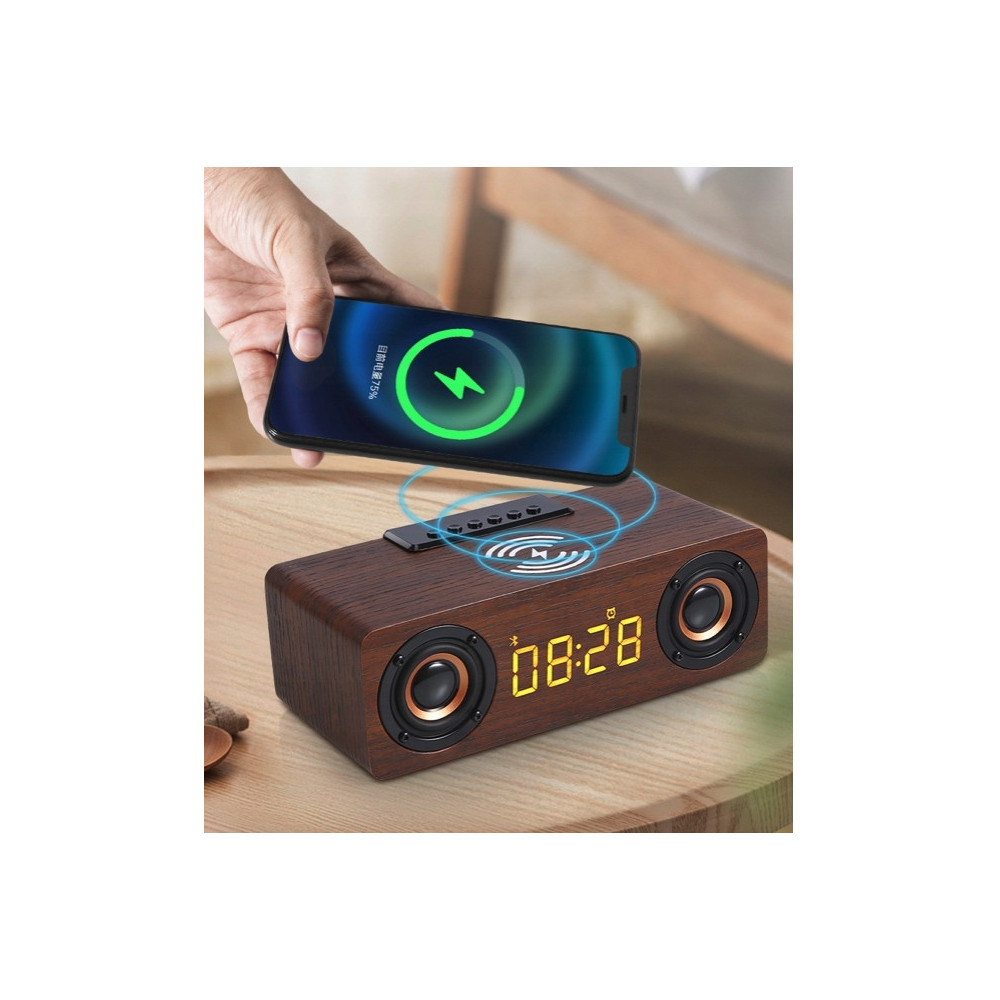 BLUETOOTH GŁOŚNIK ZEGAR DREWNIANY BUDZIK ŁADOWARKA BEZPRZEWODOWA QI RADIO
