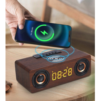 BLUETOOTH GŁOŚNIK ZEGAR DREWNIANY BUDZIK ŁADOWARKA BEZPRZEWODOWA QI RADIO