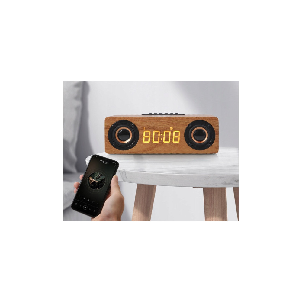 BLUETOOTH GŁOŚNIK ZEGAR DREWNIANY BUDZIK ŁADOWARKA BEZPRZEWODOWA QI RADIO