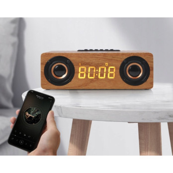 BLUETOOTH GŁOŚNIK ZEGAR DREWNIANY BUDZIK ŁADOWARKA BEZPRZEWODOWA QI RADIO