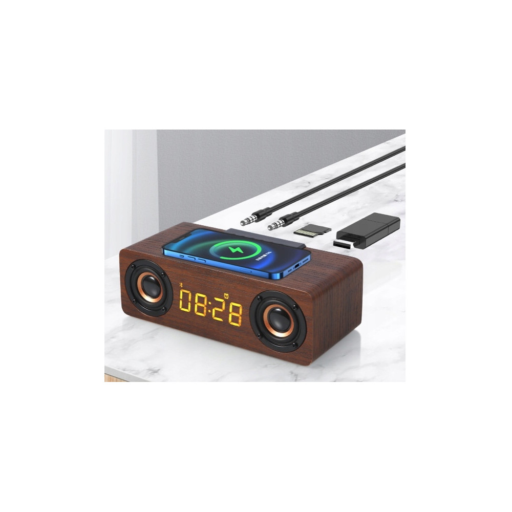 BLUETOOTH GŁOŚNIK ZEGAR DREWNIANY BUDZIK ŁADOWARKA BEZPRZEWODOWA QI RADIO