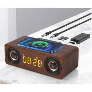 BLUETOOTH GŁOŚNIK ZEGAR DREWNIANY BUDZIK ŁADOWARKA BEZPRZEWODOWA QI RADIO