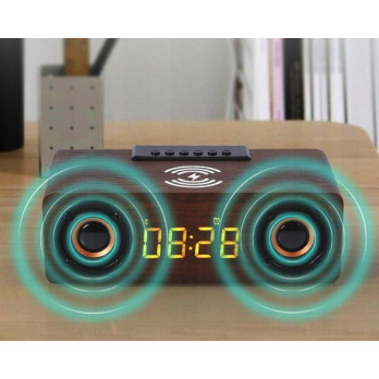 BLUETOOTH GŁOŚNIK ZEGAR DREWNIANY BUDZIK ŁADOWARKA BEZPRZEWODOWA QI RADIO