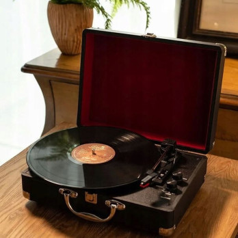 ODTWARZACZ PŁYT WINYLOWYCH VINTAGE RETRO STYLOWY GRAMOFON W WALIZCE CZARNA