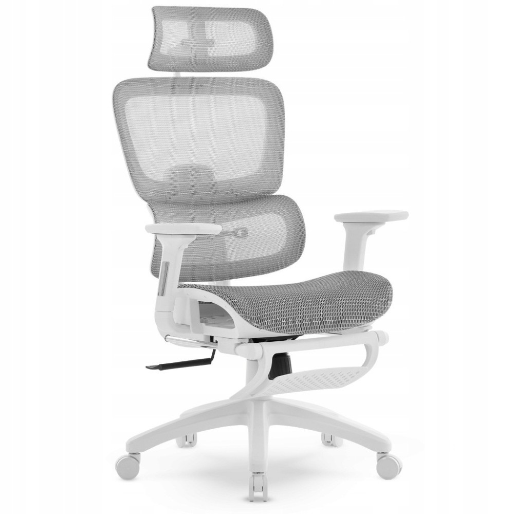 FOTEL ERGONOMICZNY BIUROWY SZARO-BIAŁY PODNÓŻEK REGULACJA 3D WSPARCIE