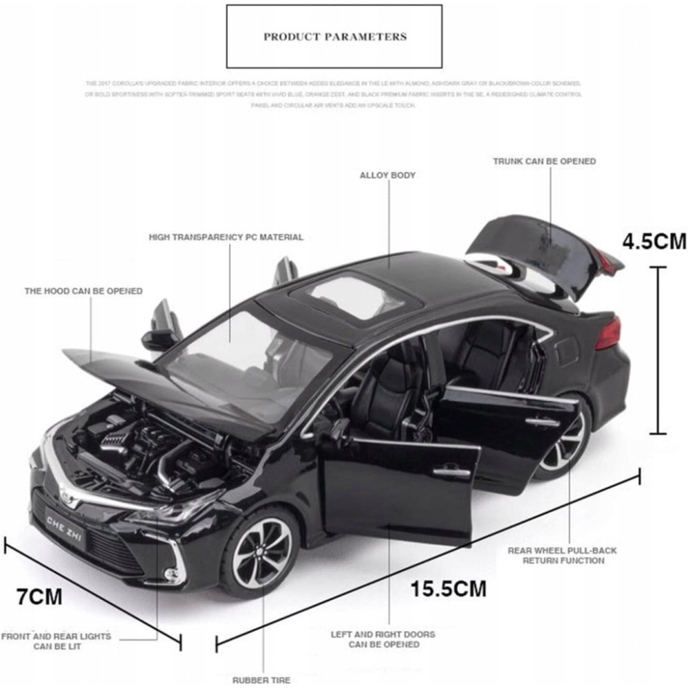 TOYOTA COROLLA HYBRID METALOWY MODEL SAMOCHODU 1:32 DŹWIĘK ŚWIATŁO CZARNY