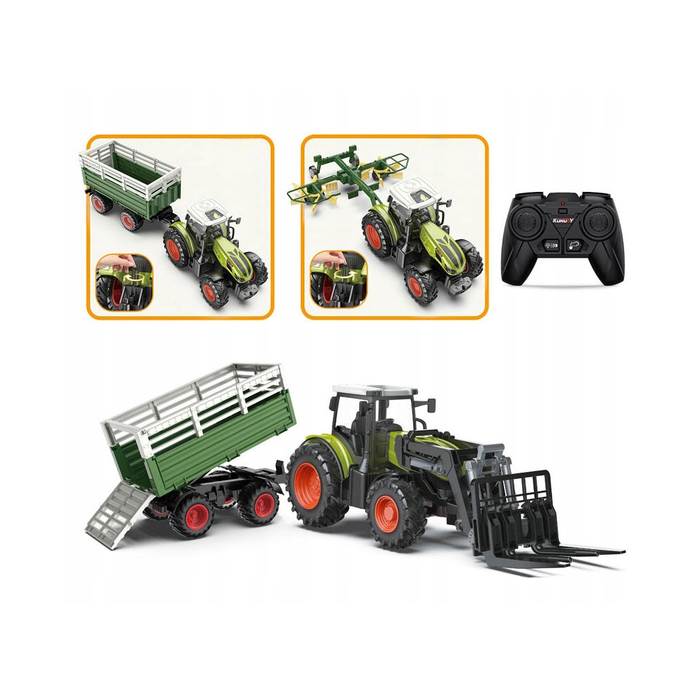 TRAKTOR ZDALNIE STEROWANY Z PRZYCZEPĄ 4W1 AKCESORIA ZESTAW